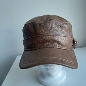 Brown Leather Military-Style Cap - Men Accessories